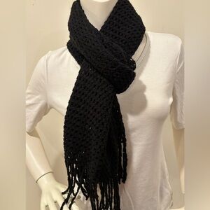 2 Chic Black Crochet Sequin Thin Knit Fringe Scarf